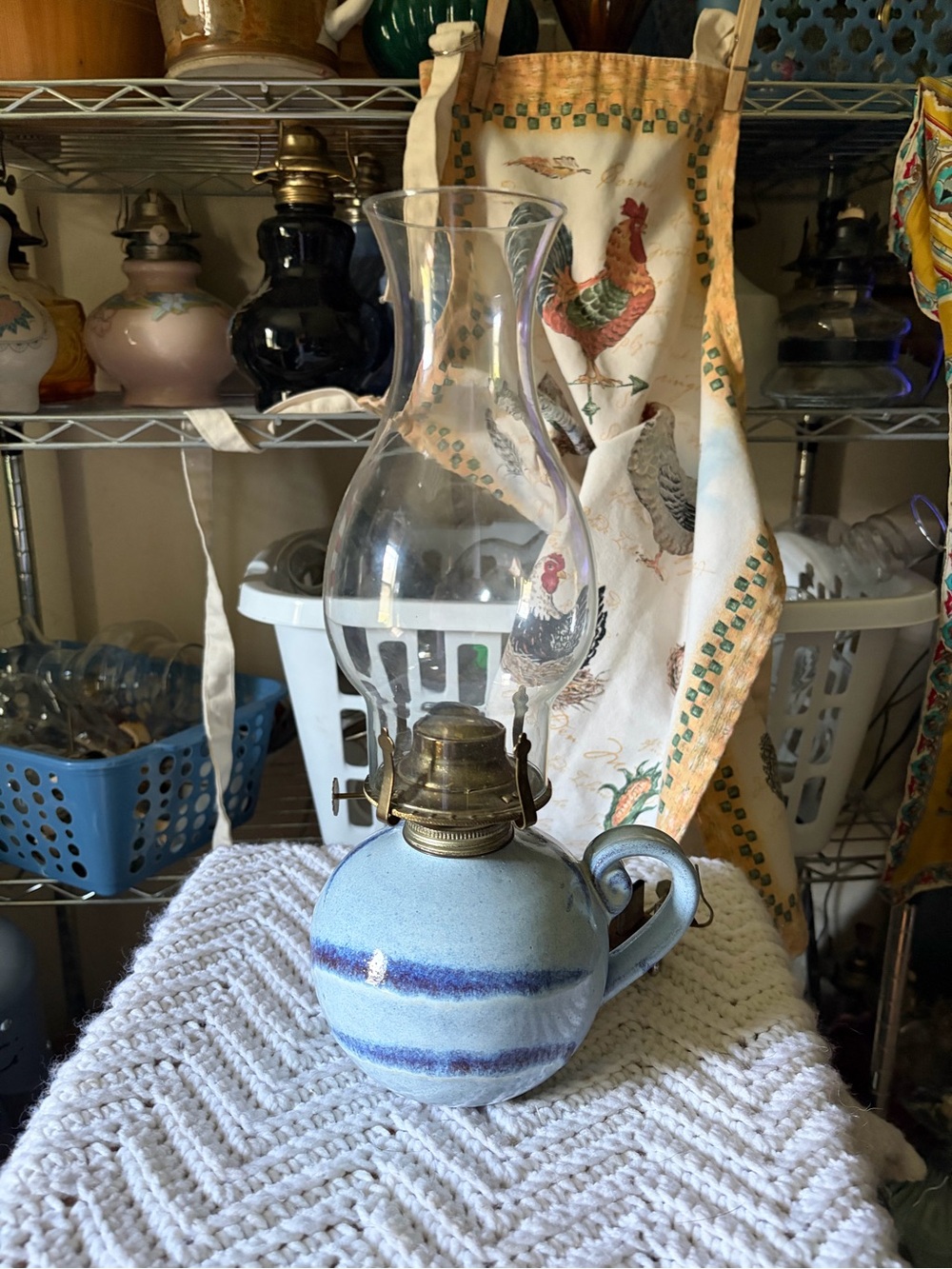 Vintage Studio Pottery Blue Ceramic Oil Lamp with Glass Chimney